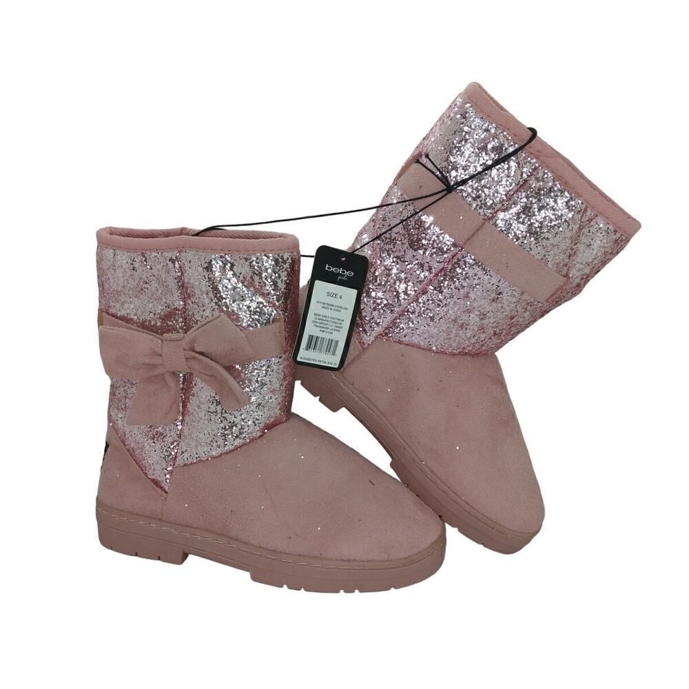 Bebe Girls NEW w/Tags Faux Fur Lined w/Bow Pink Glitter Boots - sz. 4